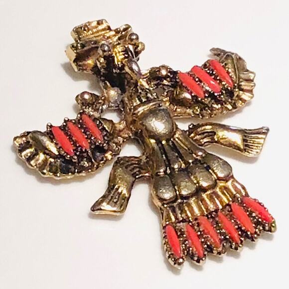 Coral Jeweled Gold Totem Pendant Amulet Spread Eagle Wings 2.25" Southwest Vtg - Picture 1 of 4